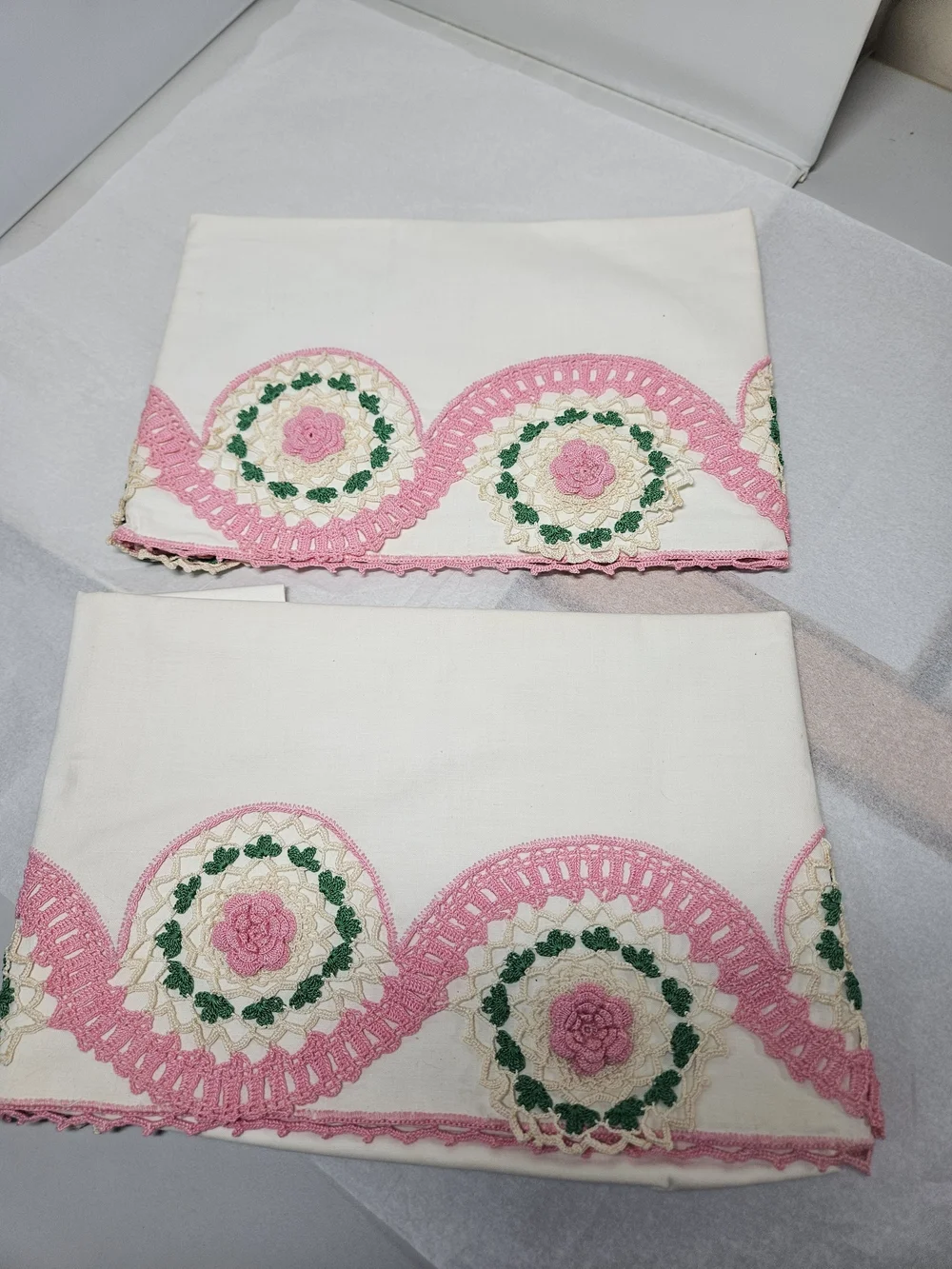 Vintage Handmade White Pillowcases with Pink Crochet Rose Trim
